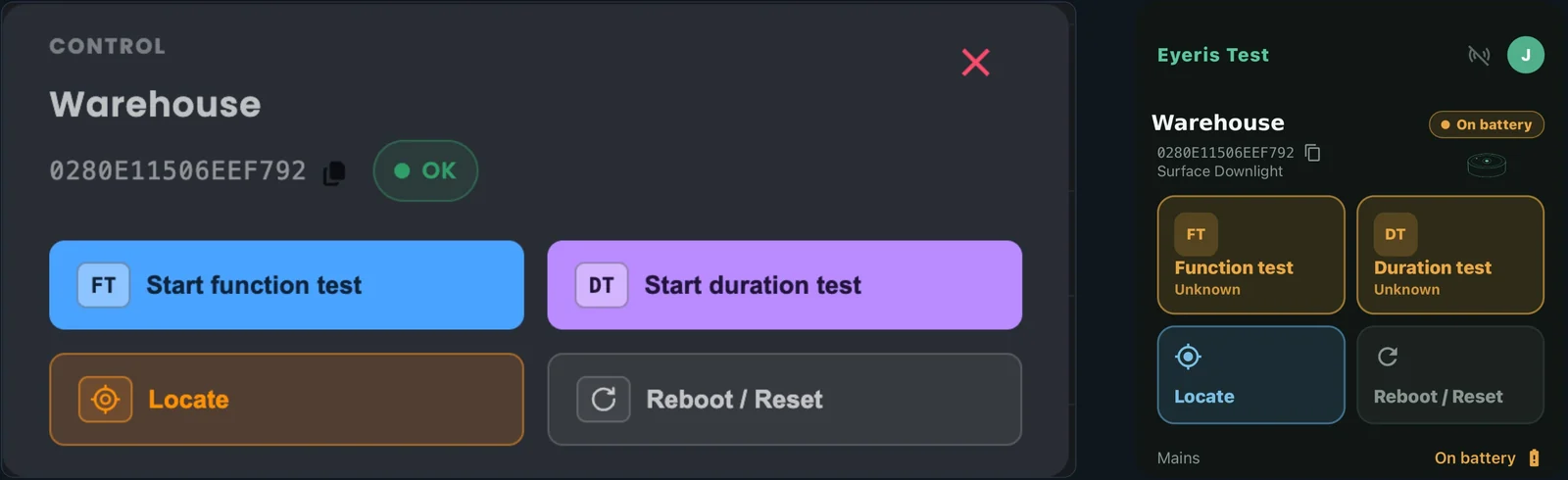 Eyeris controls: start a function or duration test, locate or reboot a device, on the web and in the app